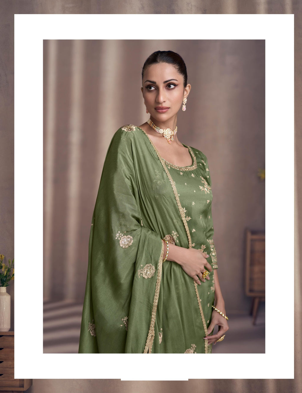 Chinon Silk Green Heavy Embroidery Sharara Suit 5439