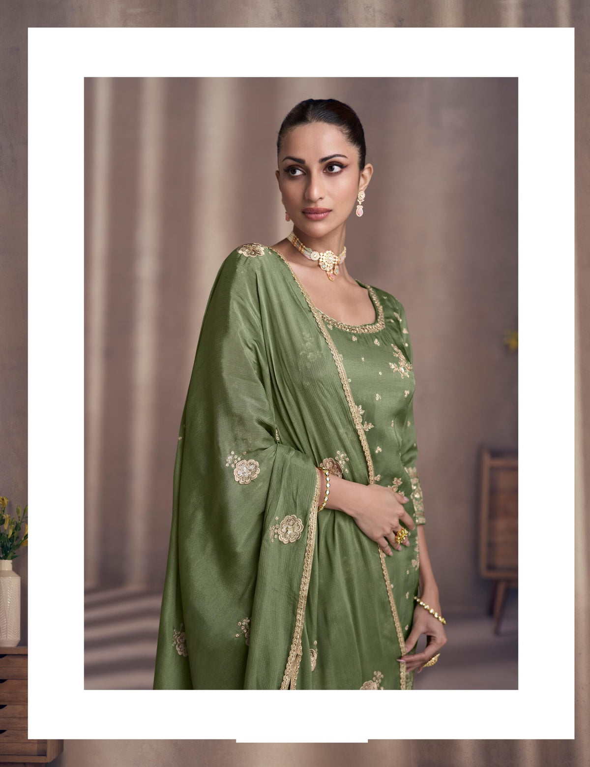 Chinon Silk Green Heavy Embroidery Sharara Suit 5439