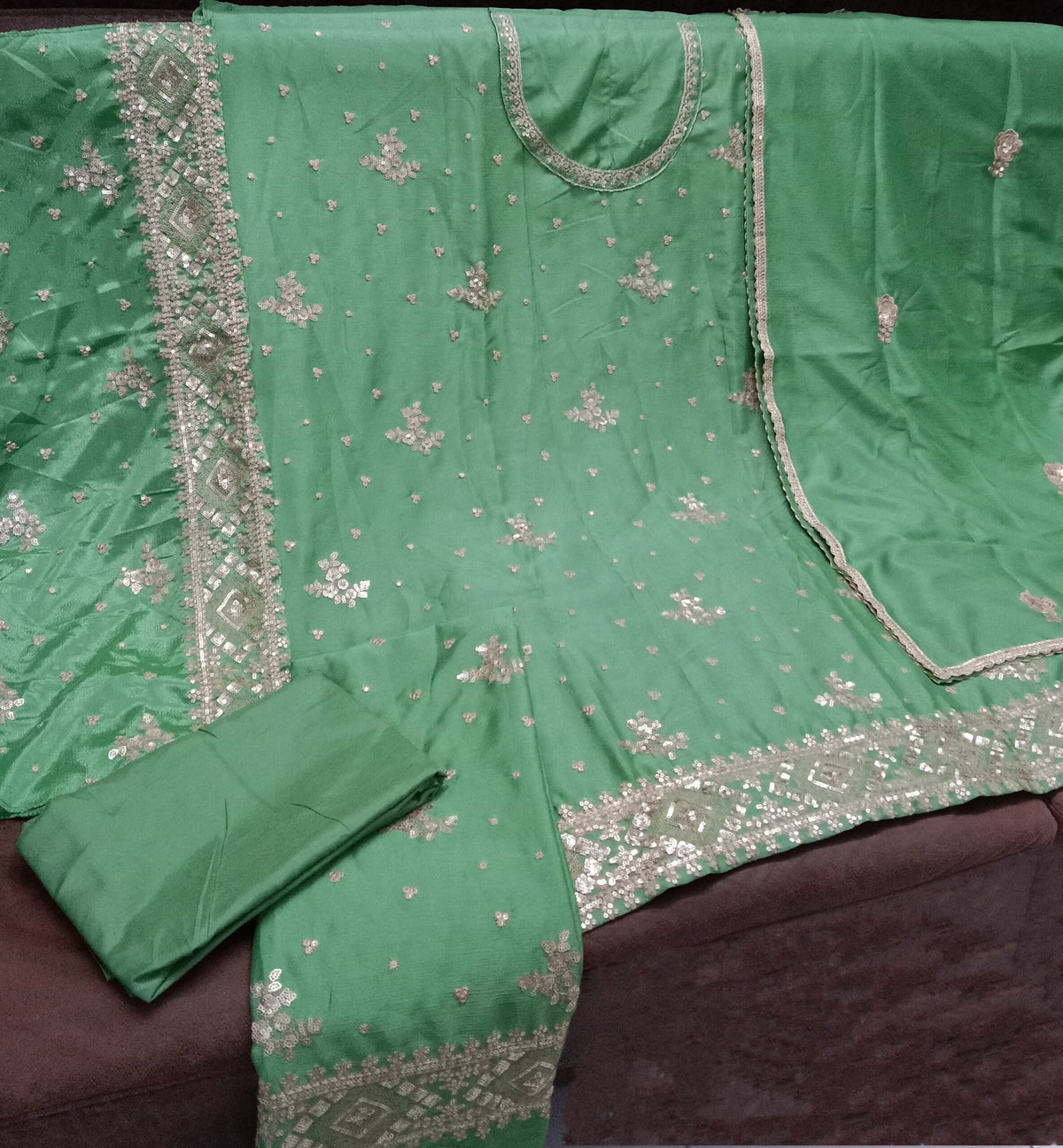 Chinon Silk Green Heavy Embroidery Sharara Suit 5439