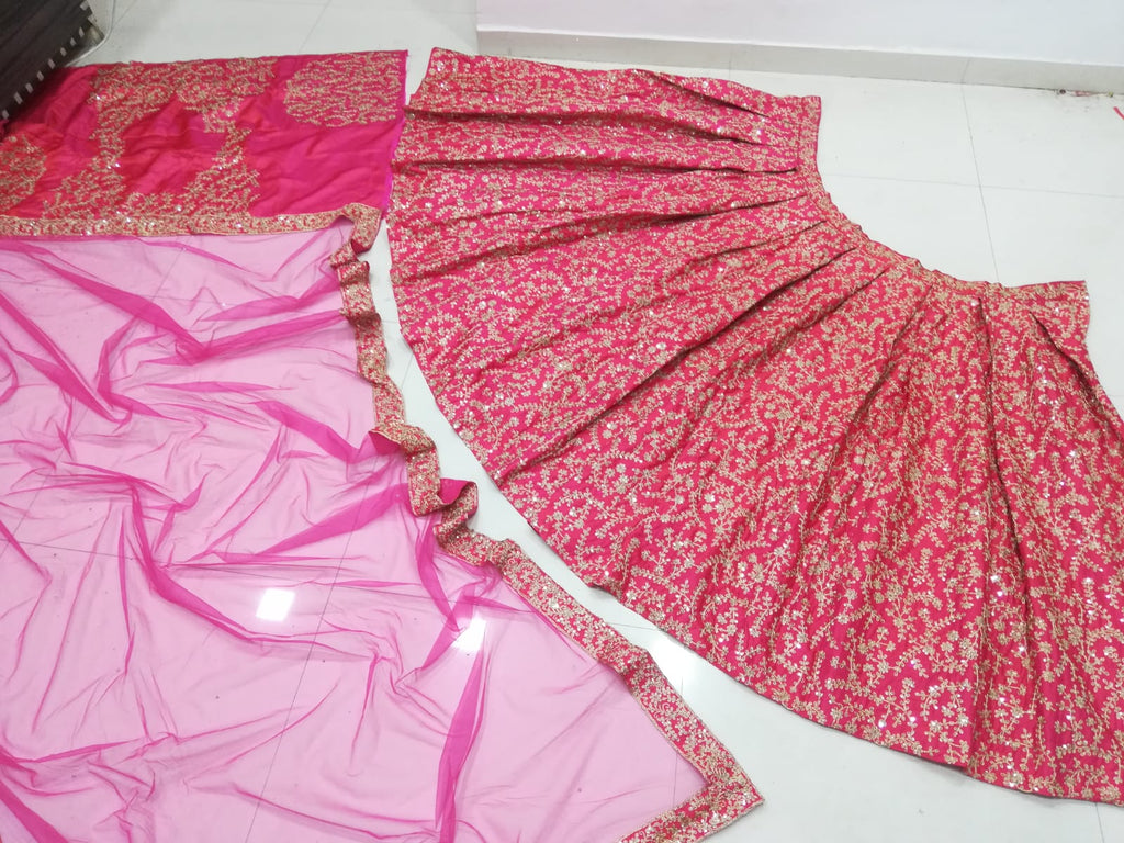 Rose Pink Heavy Silk Semi Stitched Wedding Lehenga V3-223