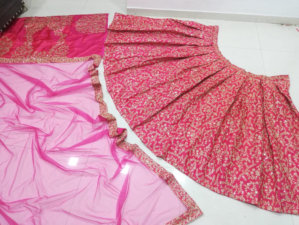 Rose Pink Heavy Silk Semi Stitched Wedding Lehenga V3-223