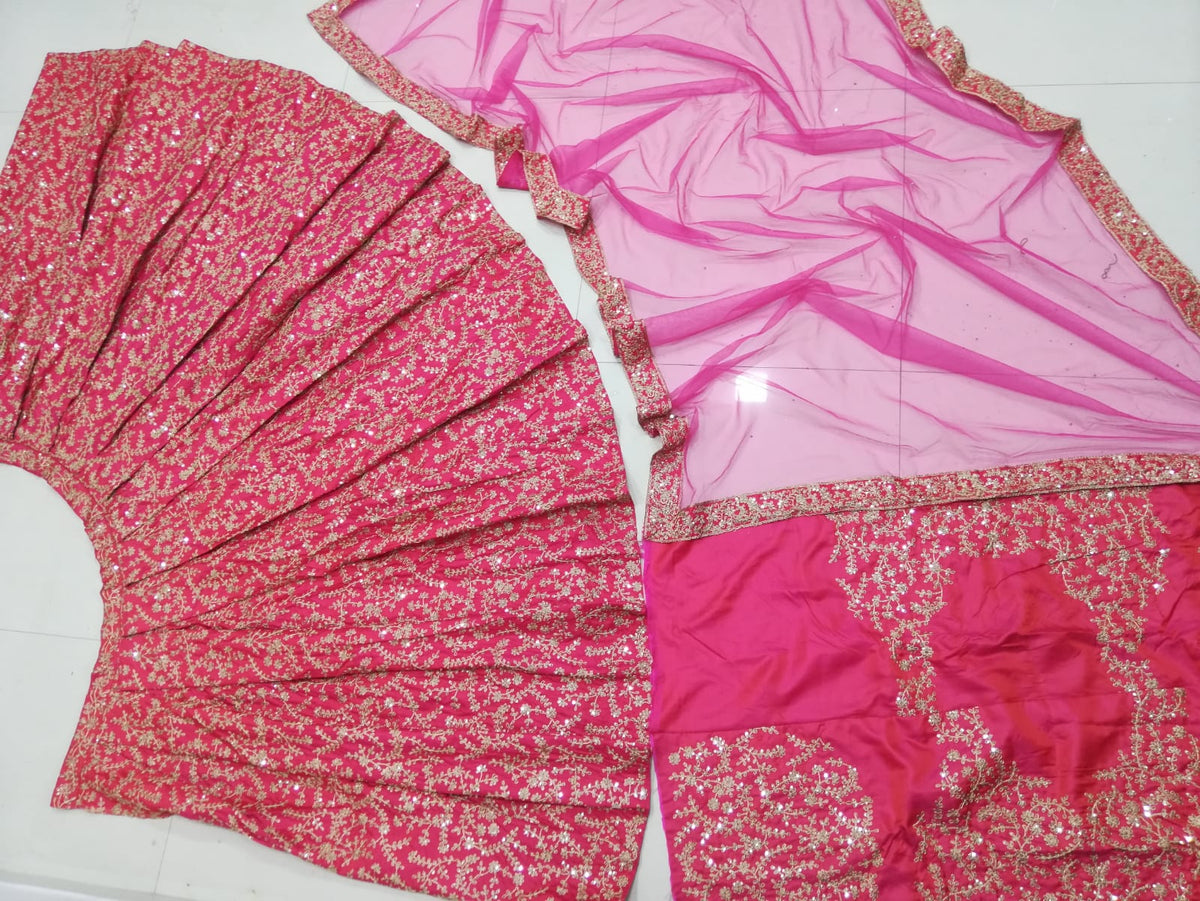 Rose Pink Heavy Silk Semi Stitched Wedding Lehenga V3-223
