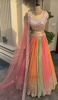 Multicolor Mirror Work Heavy Silk Semi Stitched Wedding Lehenga V3-334