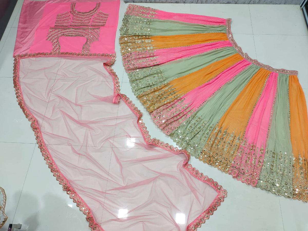 Multicolor Mirror Work Heavy Silk Semi Stitched Wedding Lehenga V3-334