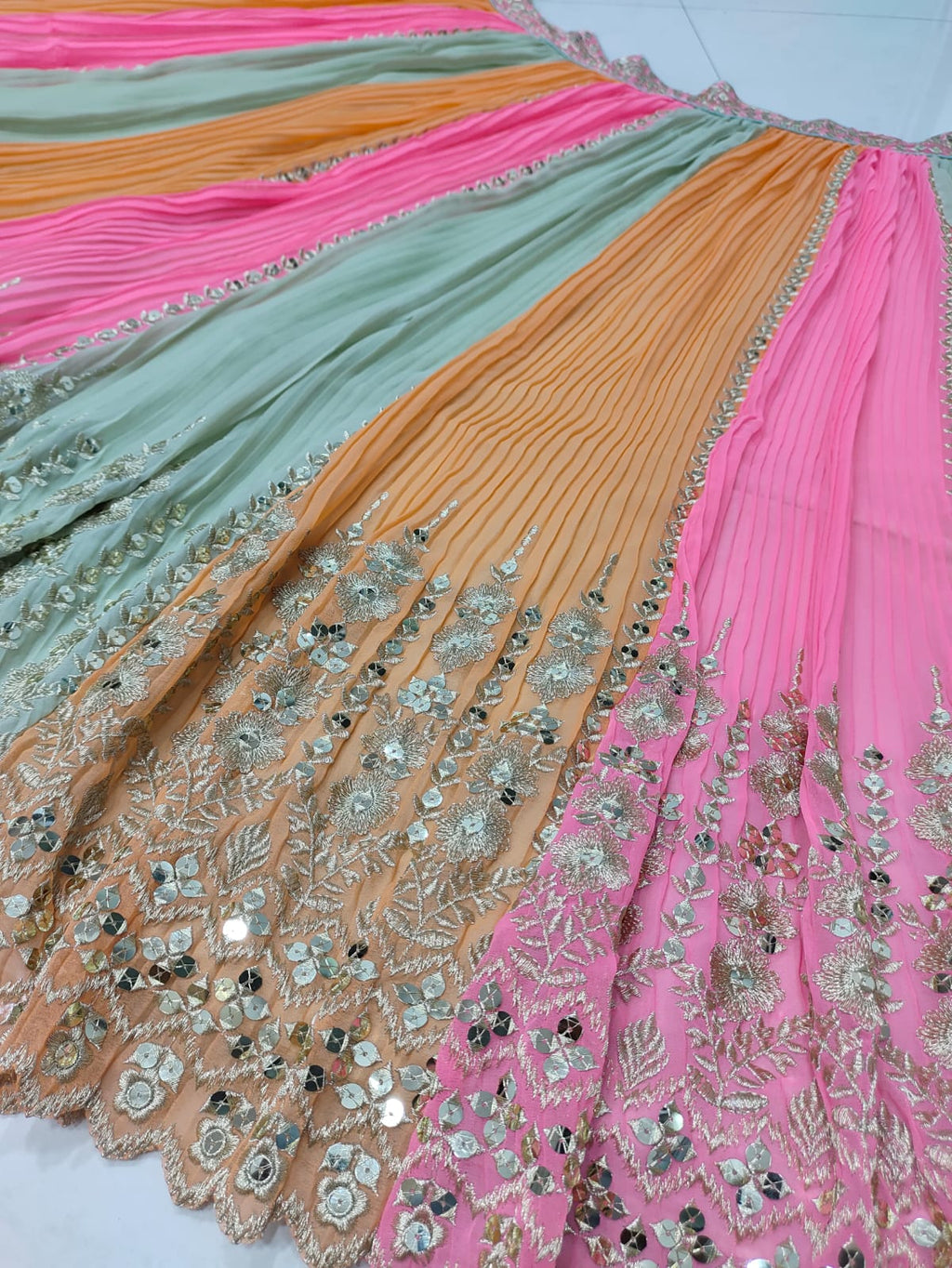 Multicolor Mirror Work Heavy Silk Semi Stitched Wedding Lehenga V3-334