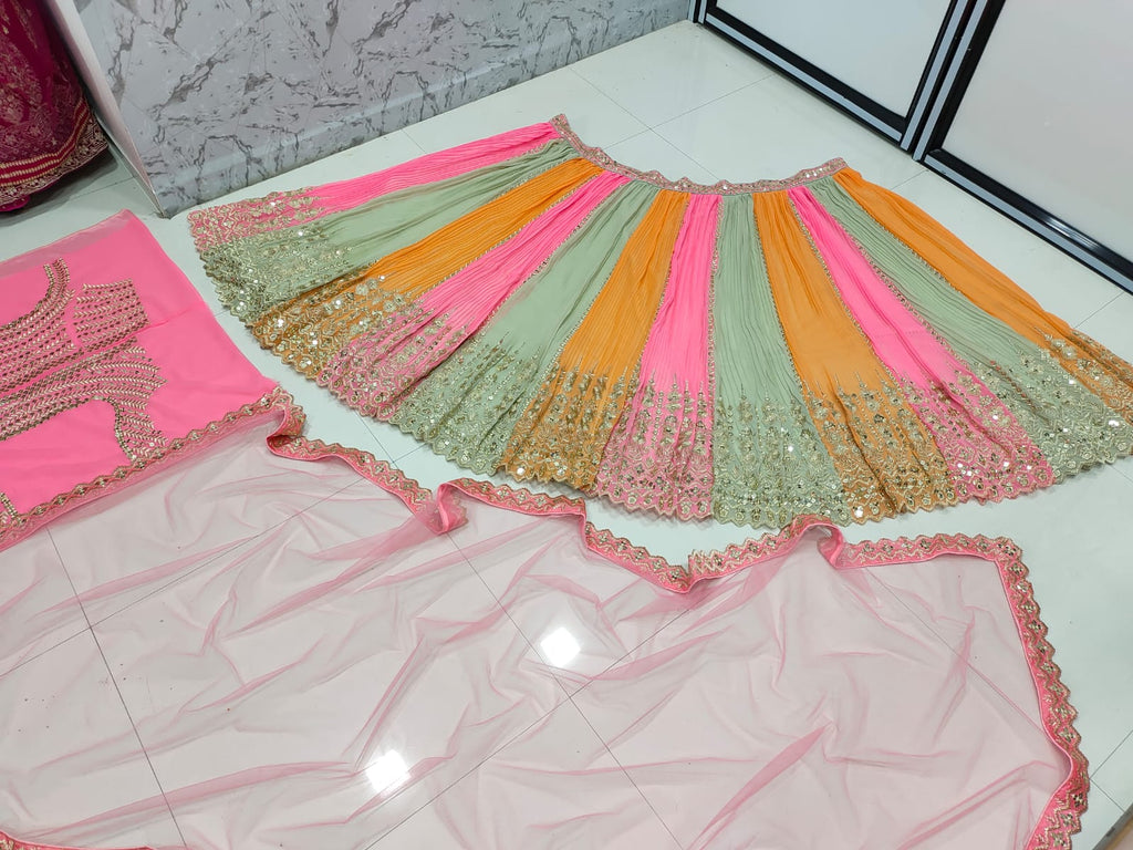 Multicolor Mirror Work Heavy Silk Semi Stitched Wedding Lehenga V3-334