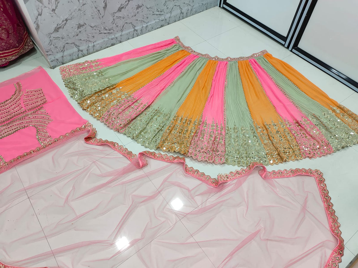 Multicolor Mirror Work Heavy Silk Semi Stitched Wedding Lehenga V3-334