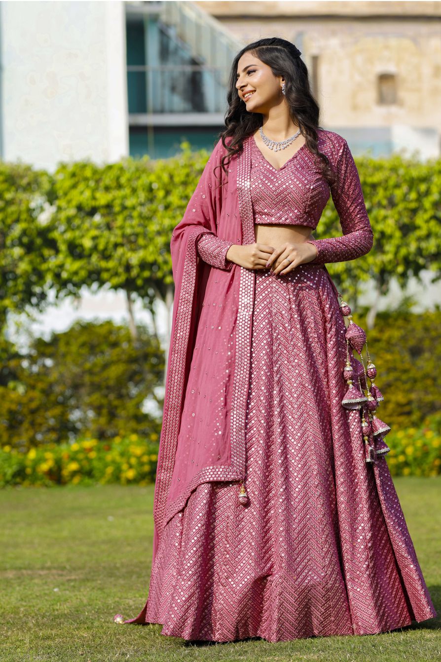 Rose Pink Heavy Georgette Mirror Work Wedding Lehenga V3-352
