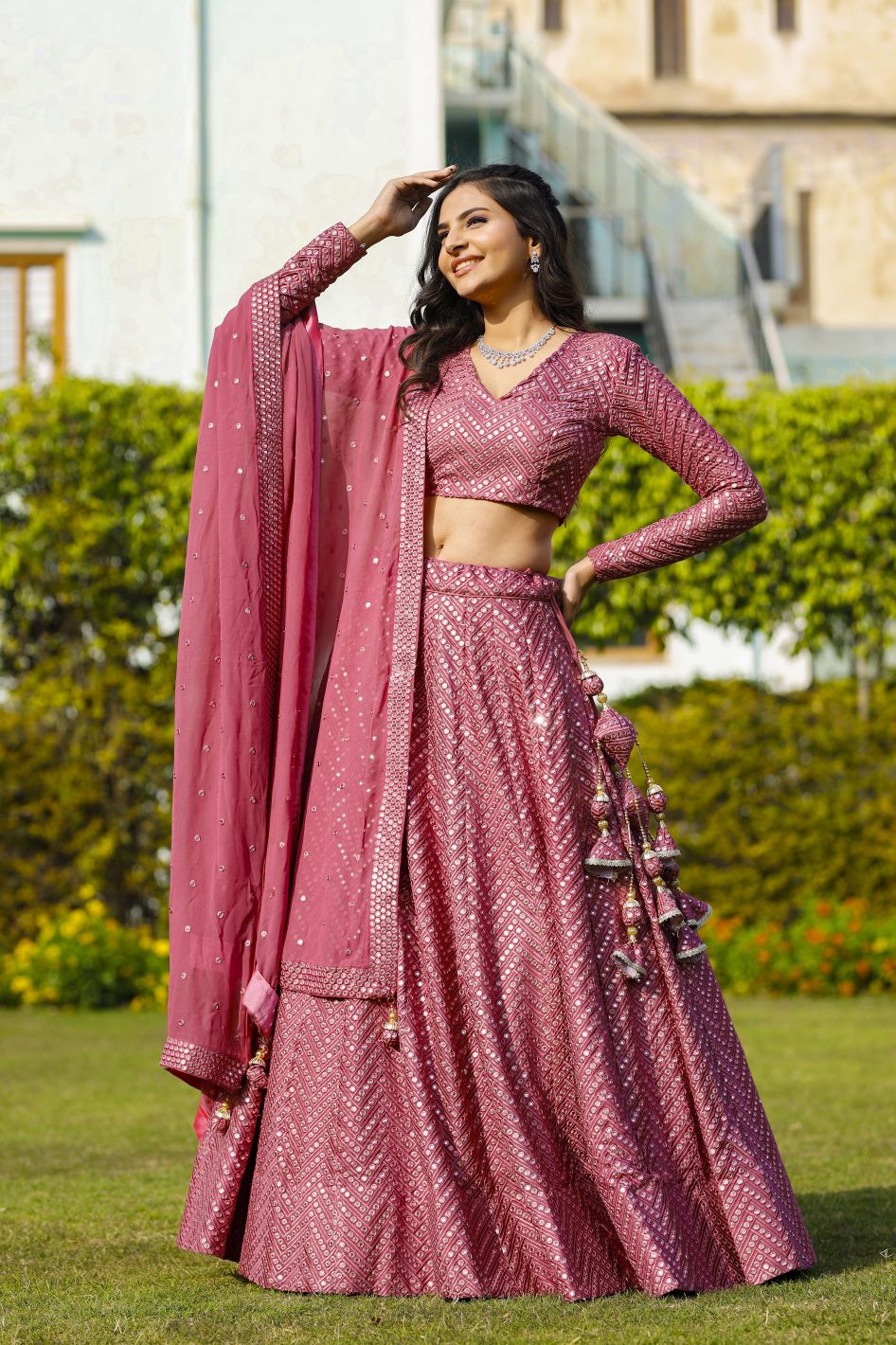 Rose Pink Heavy Georgette Mirror Work Wedding Lehenga V3-352