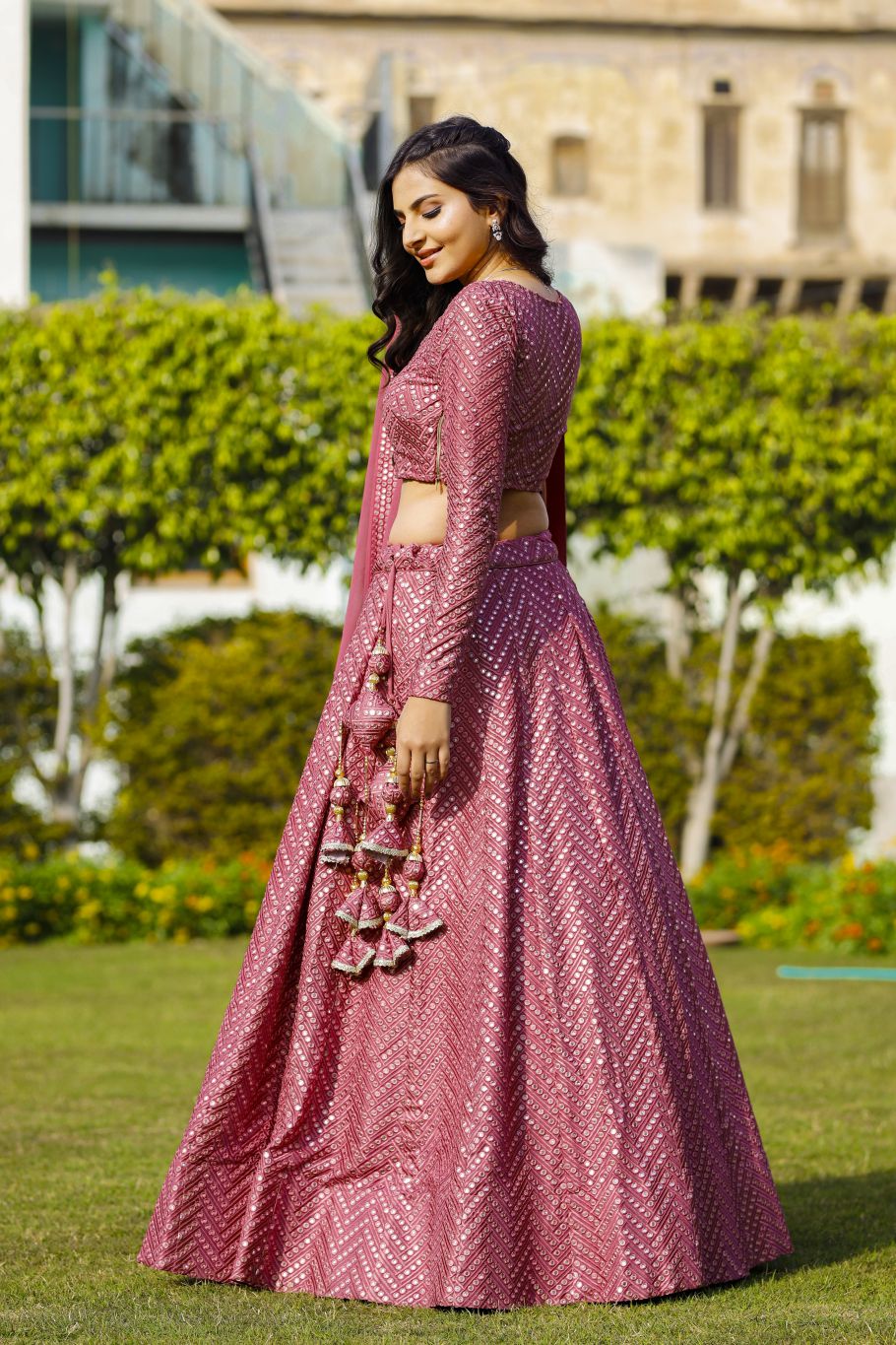 Rose Pink Heavy Georgette Mirror Work Wedding Lehenga V3-352