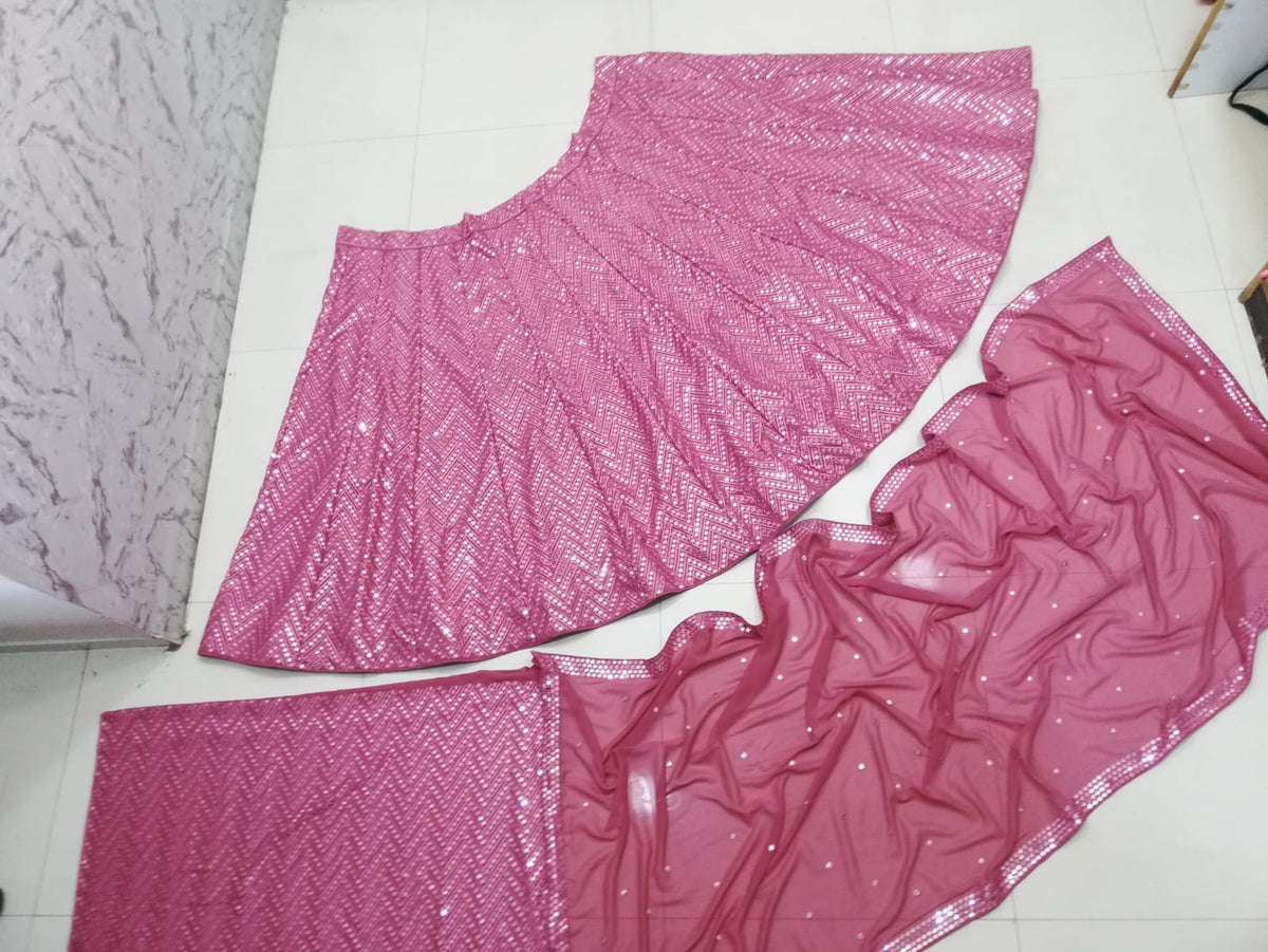 Rose Pink Heavy Georgette Mirror Work Wedding Lehenga V3-352