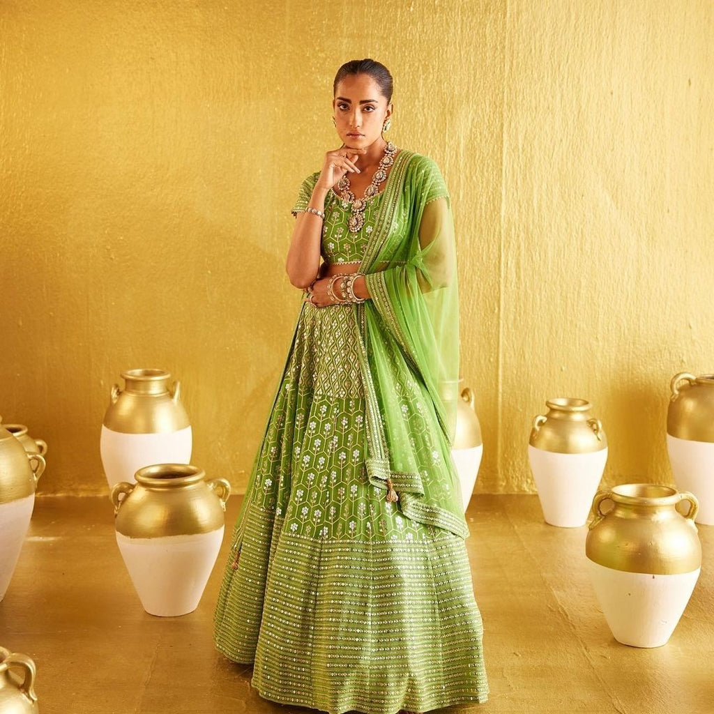 Parrot Green Heavy Banglori Silk Sequins Work Wedding Lehenga V3-353