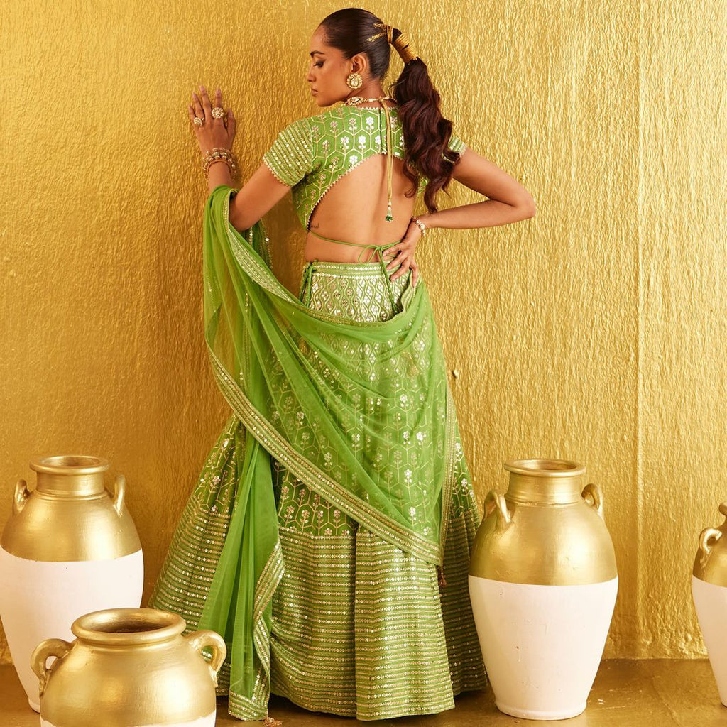 Parrot Green Heavy Banglori Silk Sequins Work Wedding Lehenga V3-353
