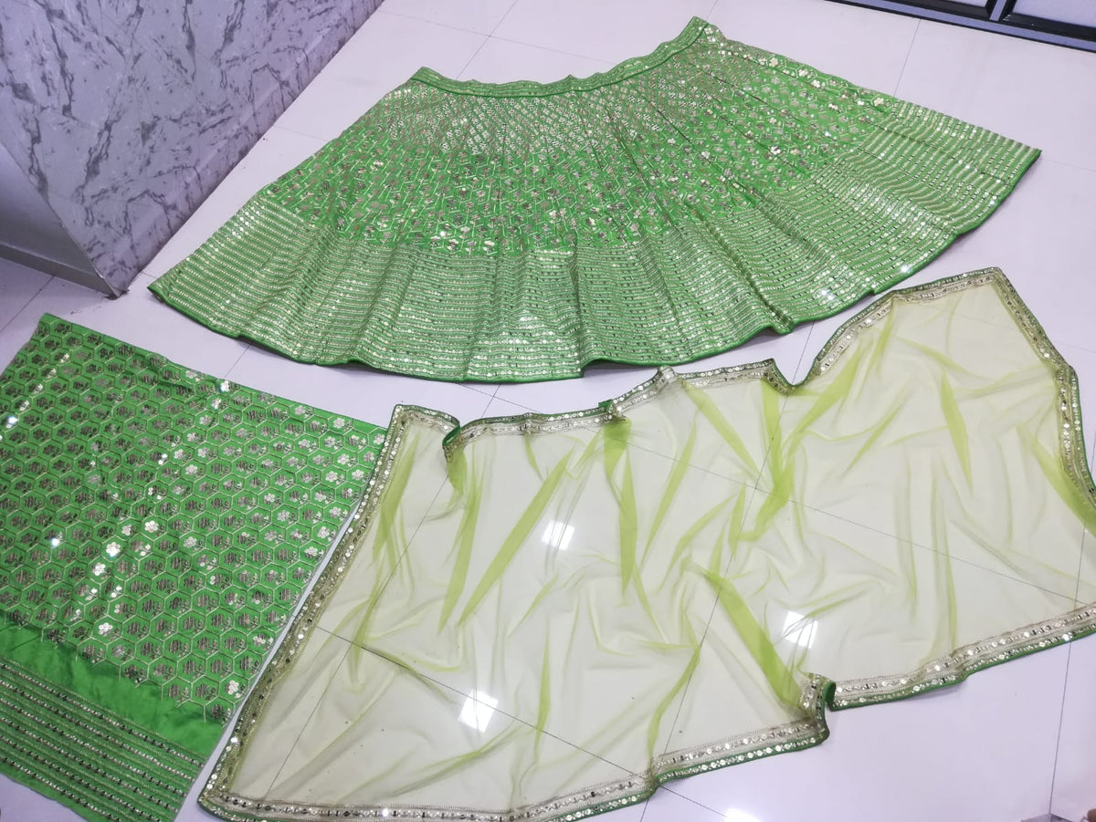 Parrot Green Heavy Banglori Silk Sequins Work Wedding Lehenga V3-353