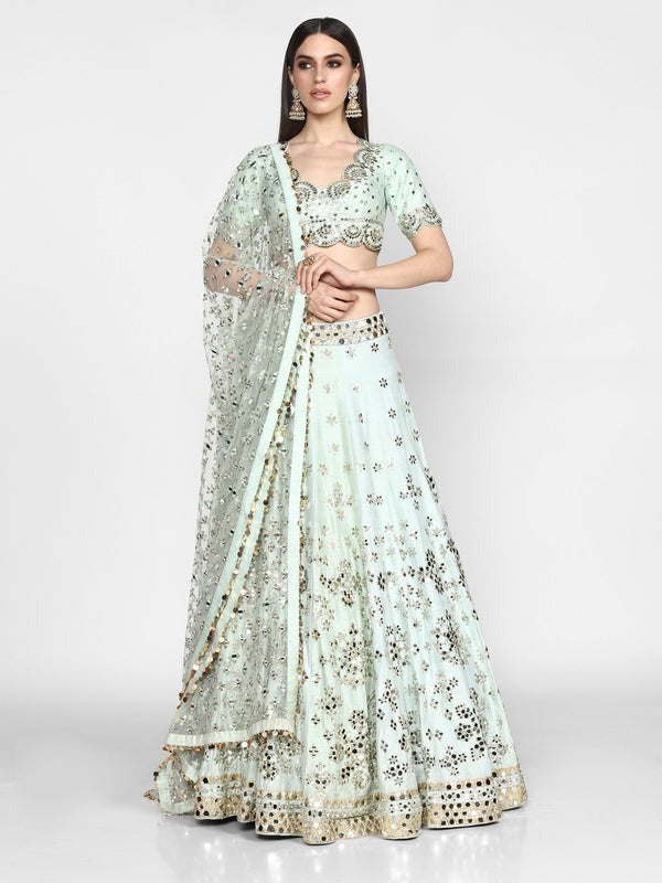 Pastel Green Heavy Banglori Silk Mirror Work Wedding Lehenga V3-356