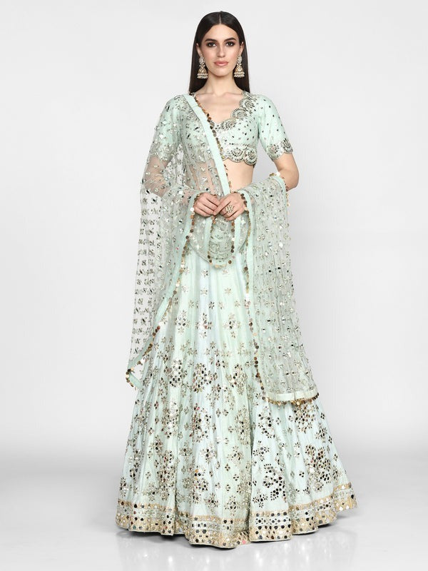 Pastel Green Heavy Banglori Silk Mirror Work Wedding Lehenga V3-356