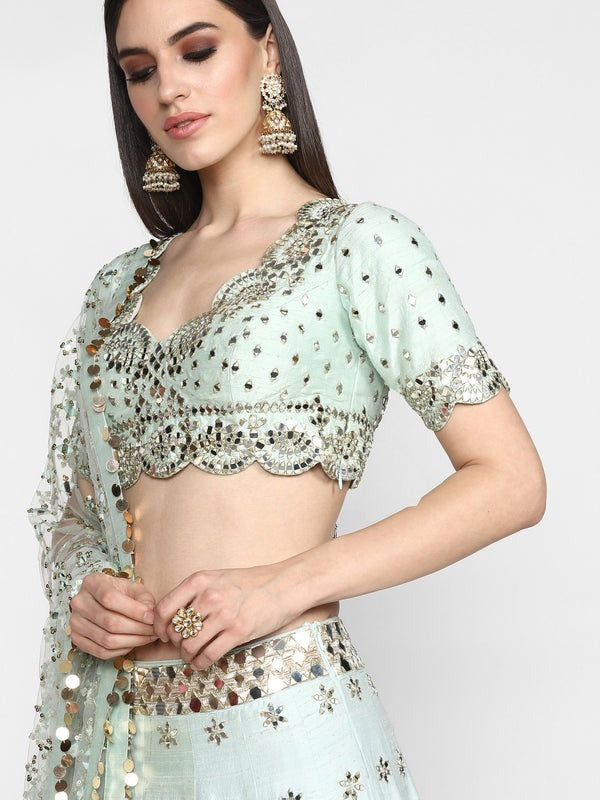 Pastel Green Heavy Banglori Silk Mirror Work Wedding Lehenga V3-356