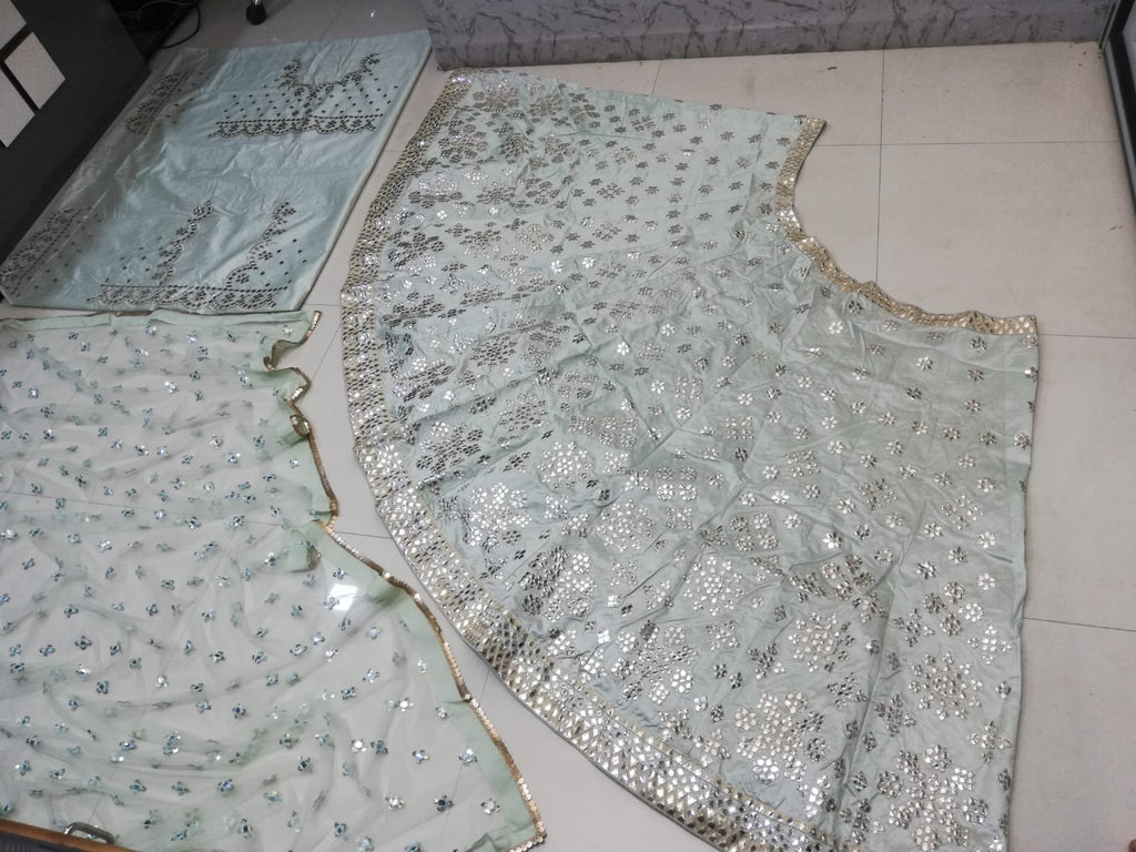 Pastel Green Heavy Banglori Silk Mirror Work Wedding Lehenga V3-356