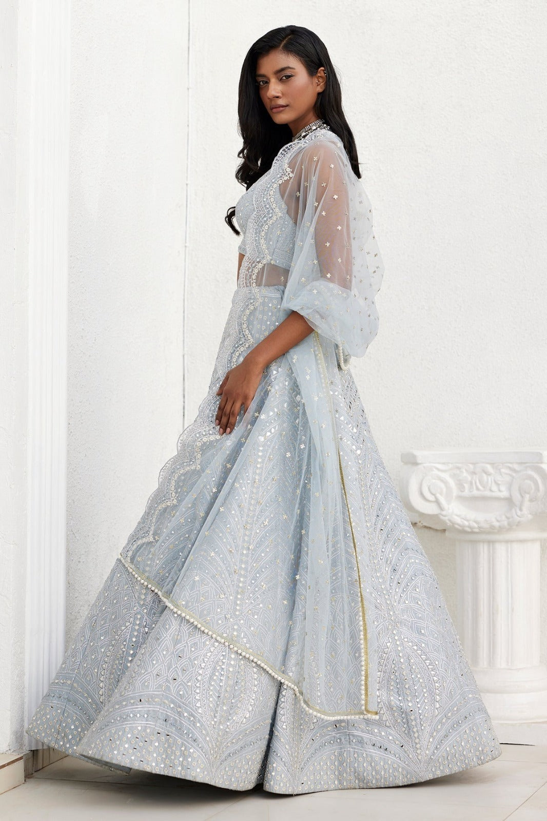 Steel Grey Heavy Banglori Silk Mirror Work Wedding Lehenga V3-357