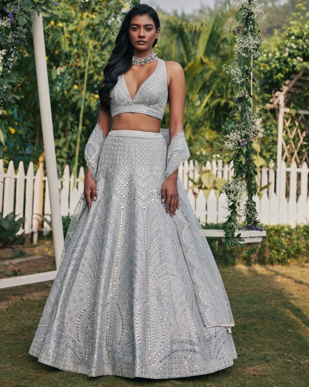 Steel Grey Heavy Banglori Silk Mirror Work Wedding Lehenga V3-357
