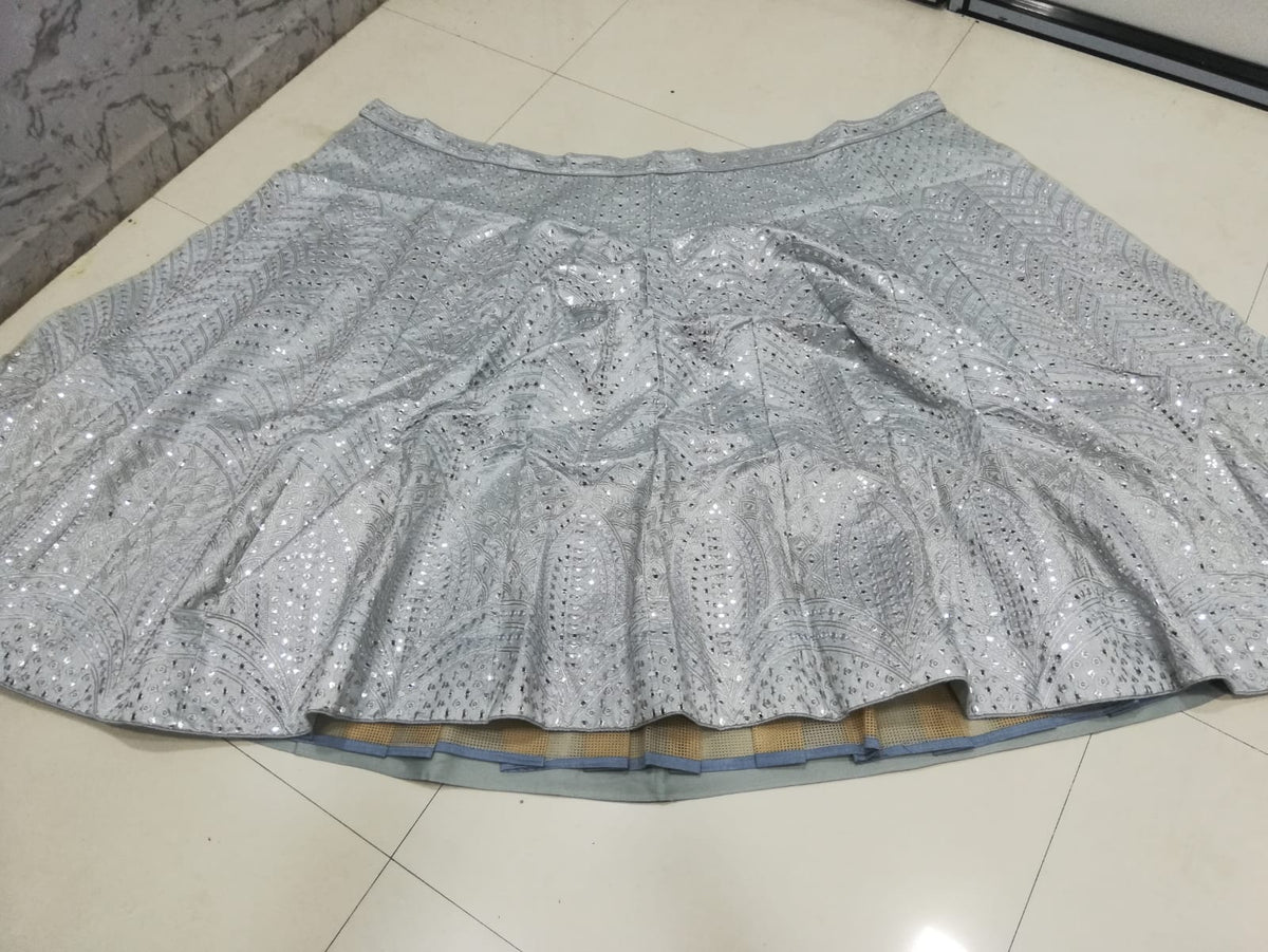 Steel Grey Heavy Banglori Silk Mirror Work Wedding Lehenga V3-357