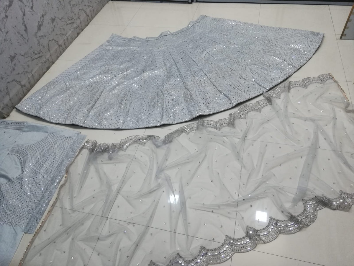 Steel Grey Heavy Banglori Silk Mirror Work Wedding Lehenga V3-357