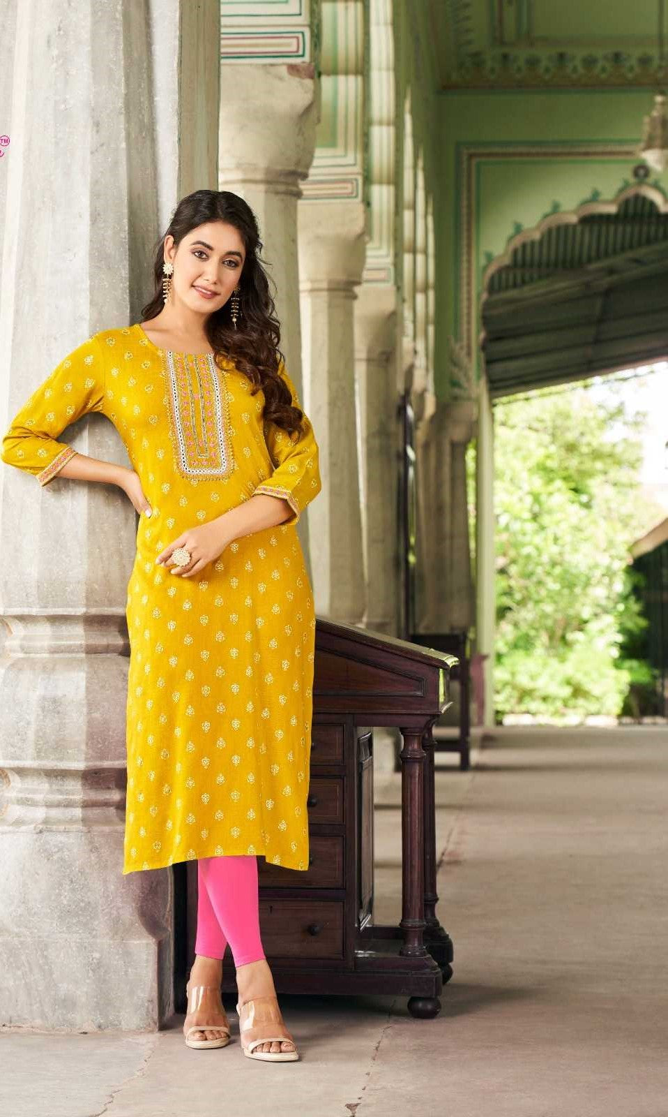 Yellow Heavy Rayon Embroidery Casual Wear Kurti 8001