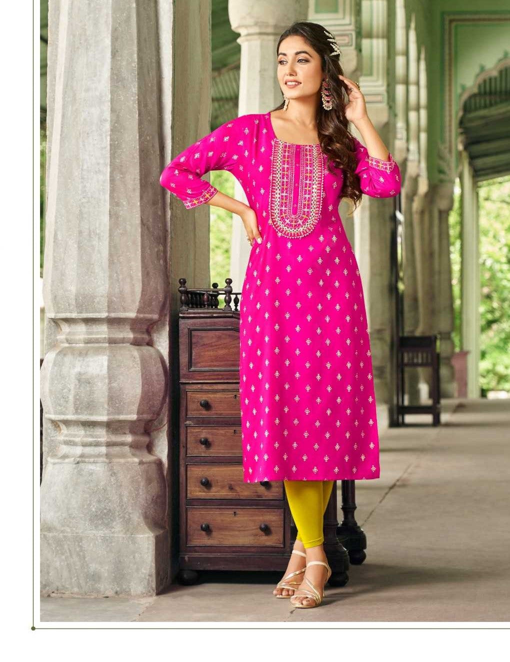 Pink Heavy Rayon Embroidery Casual Wear Kurti 8002
