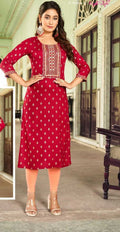 Red Heavy Rayon Embroidery Casual Wear Kurti 8008