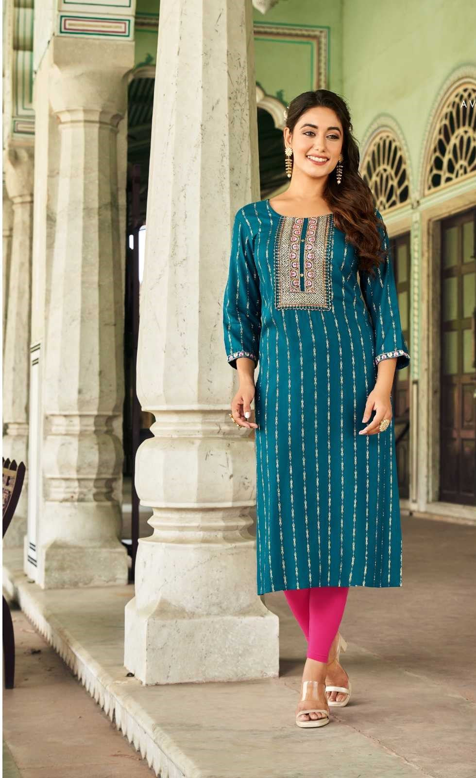 Peacock Blue Heavy Rayon Embroidery Casual Wear Kurti 8010