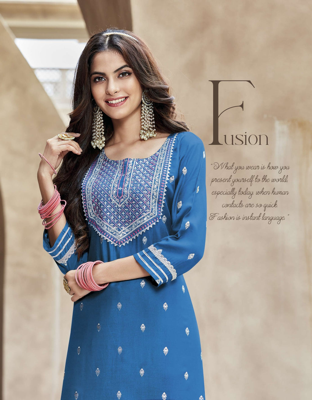 Pure Rayon Gold Print & Heavy Embroidery Straight Fit Kurti 5006
