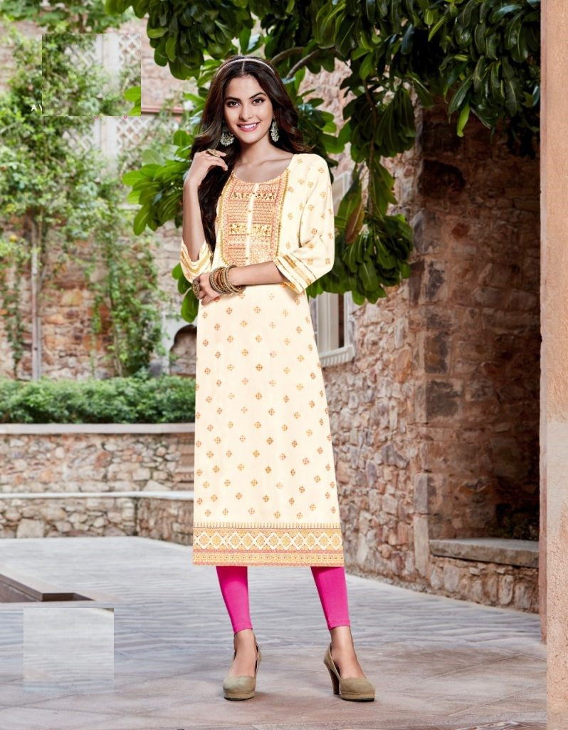 Pure Rayon Gold Print & Heavy Embroidery Straight Fit Kurti 5013