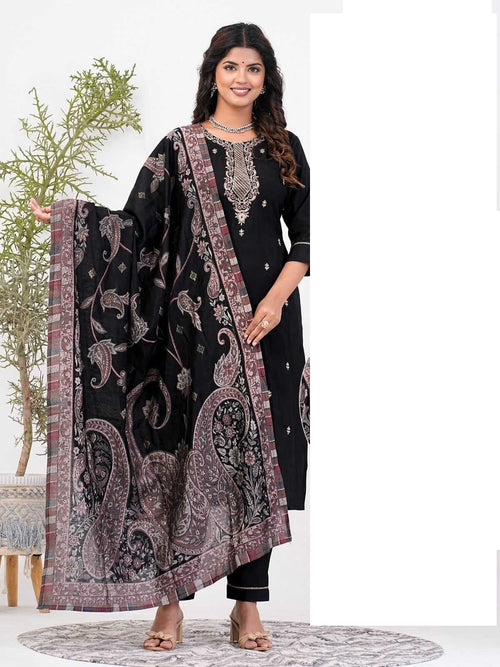 Black Roman Silk Full Stitch Embroidery Plus Size Suit with Muslin Dupatta 01