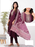 Wine Roman Silk Full Stitch Embroidery Plus Size Suit with Muslin Dupatta 03