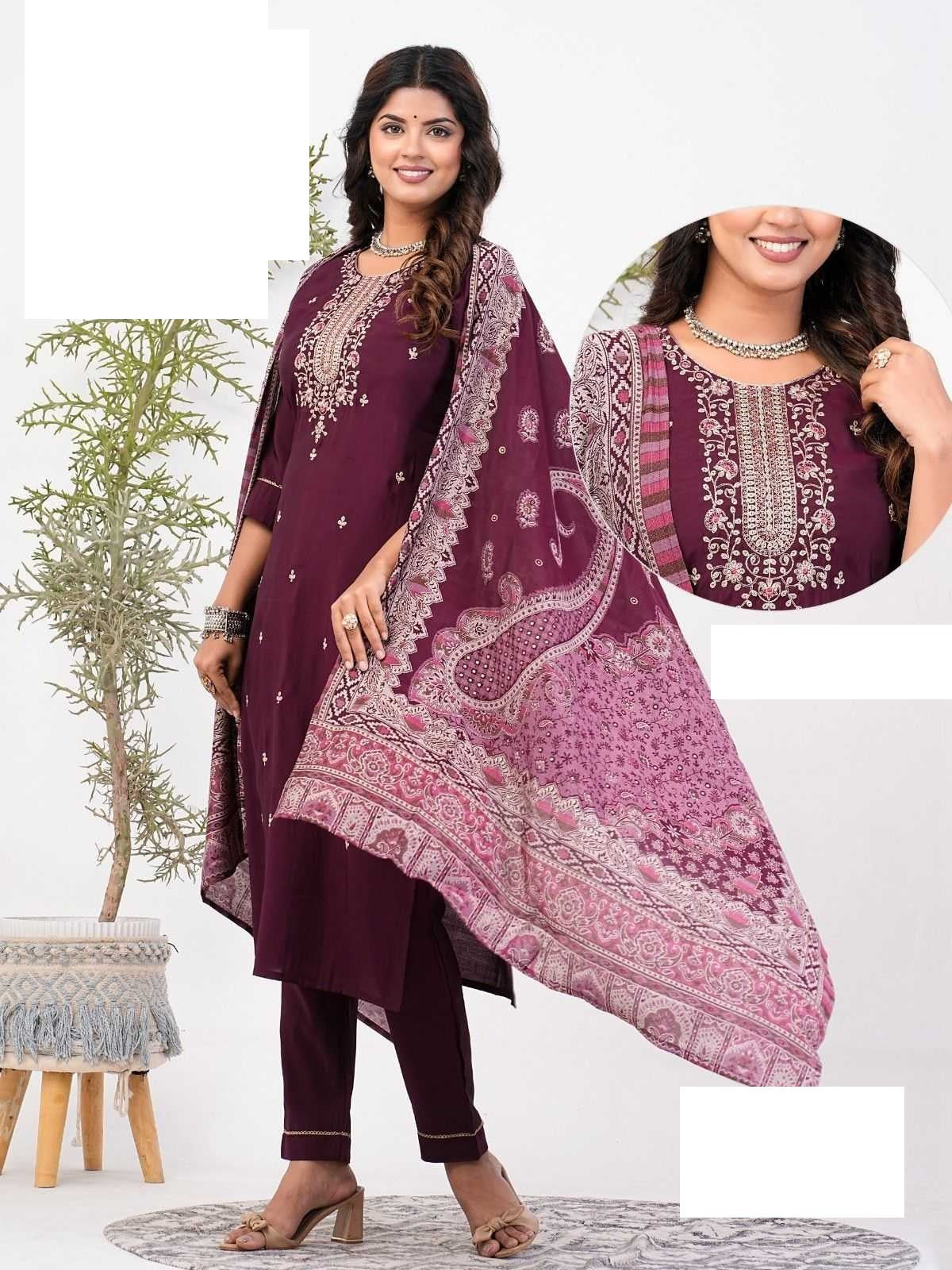 Wine Roman Silk Full Stitch Embroidery Plus Size Suit with Muslin Dupatta 03