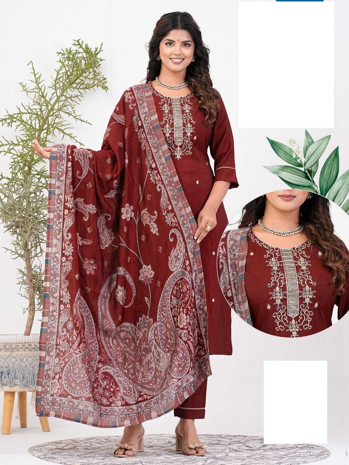 Red Roman Silk Full Stitch Embroidery Plus Size Suit with Muslin Dupatta 05