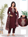 Maroon Roman Silk Full Stitch Embroidery Plus Size Suit with Muslin Dupatta 06