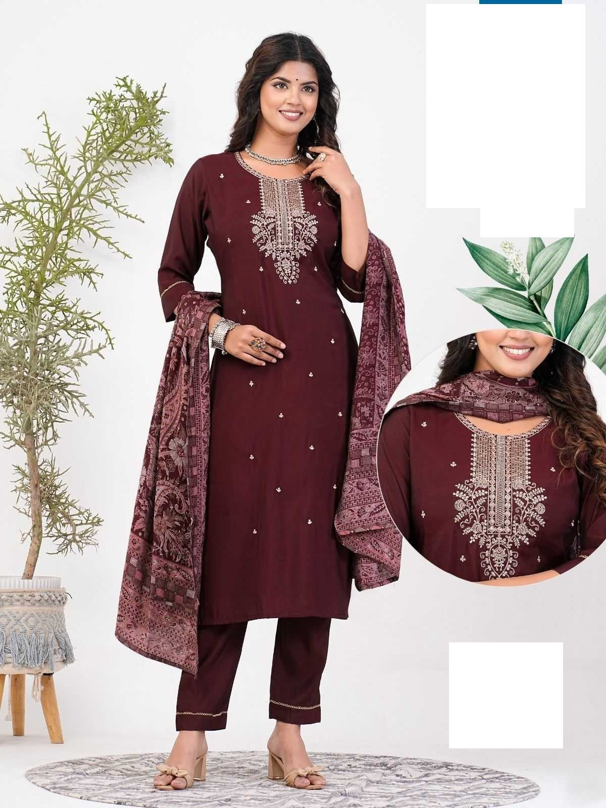 Maroon Roman Silk Full Stitch Embroidery Plus Size Suit with Muslin Dupatta 06