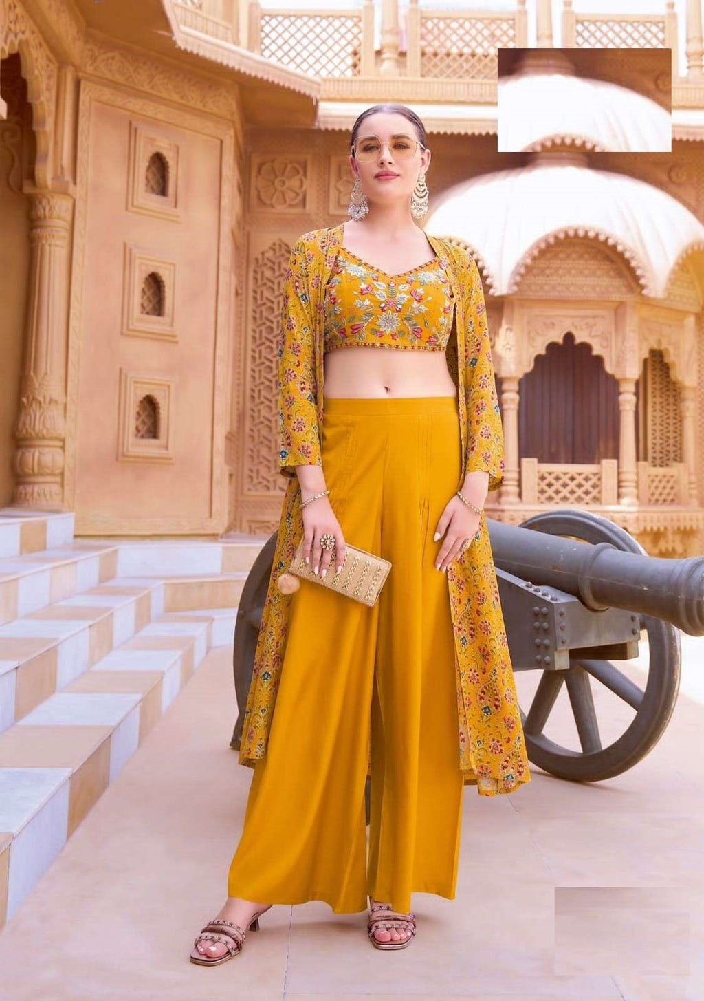 Wedding Collection Roman Silk Indo-Western Crop Top, Pant & Printed Shrug Set 8001