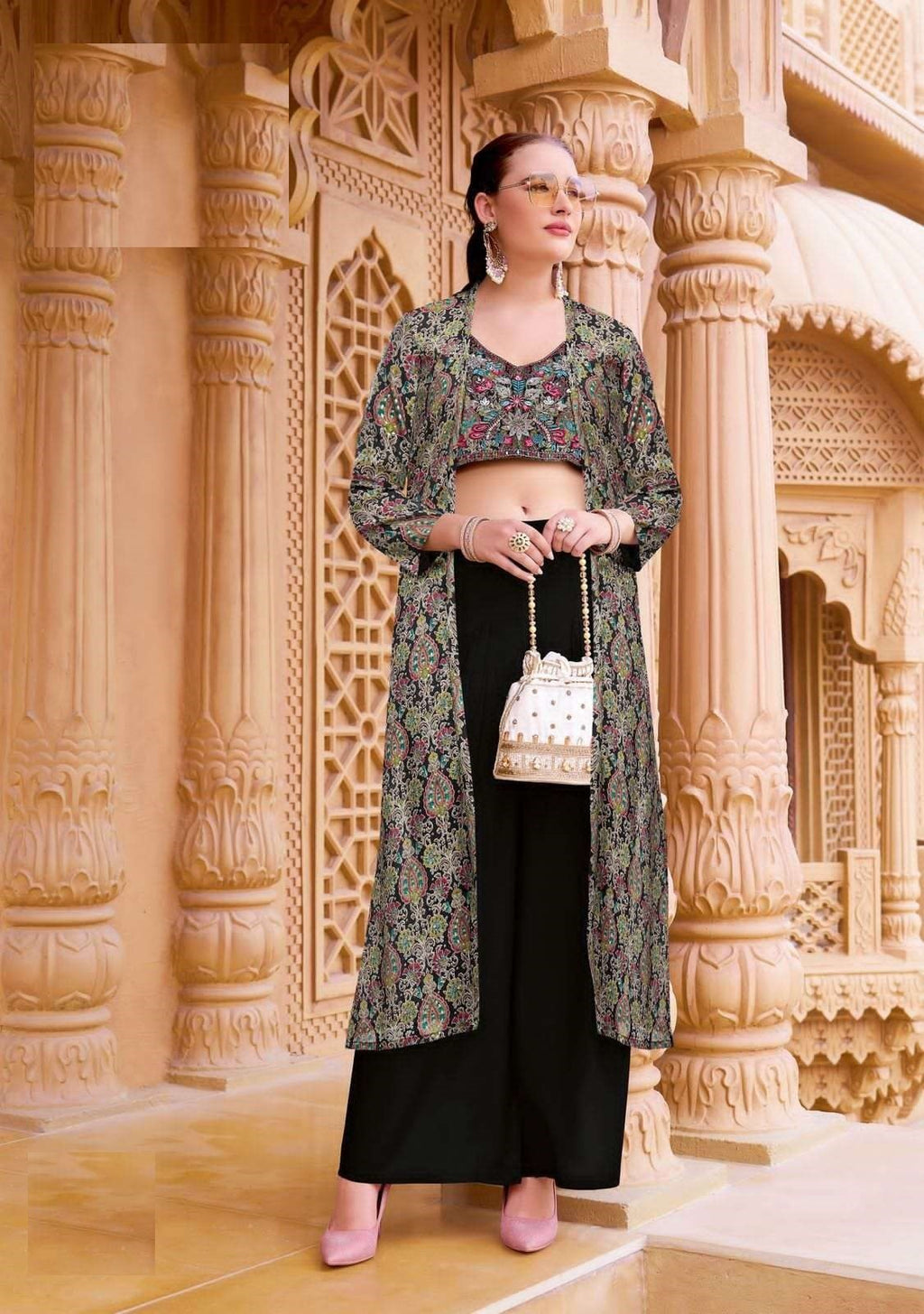 Wedding Collection Roman Silk Indo-Western Crop Top, Pant & Printed Shrug Set 8001