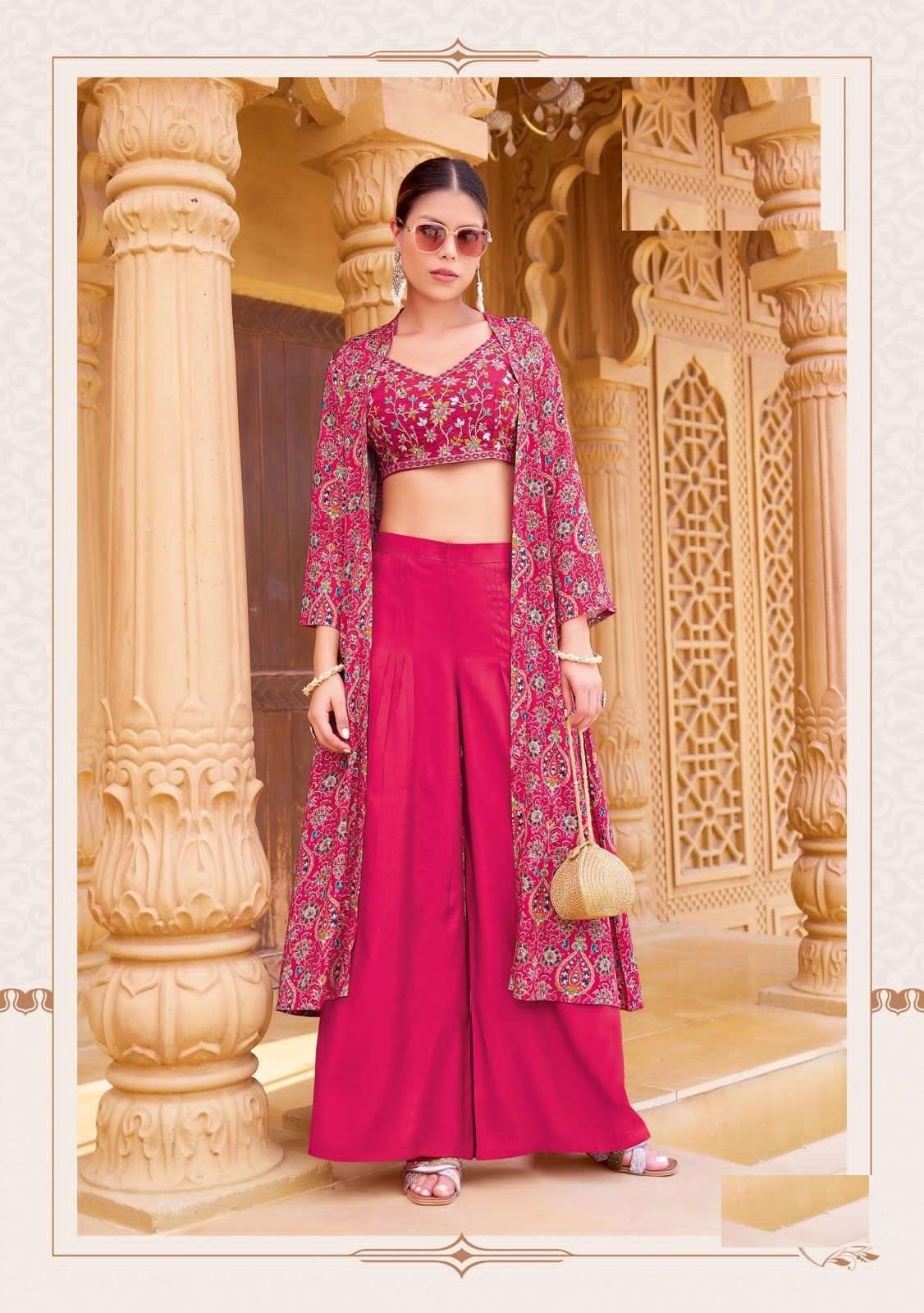 Wedding Collection Roman Silk Indo-Western Crop Top, Pant & Printed Shrug Set 8001