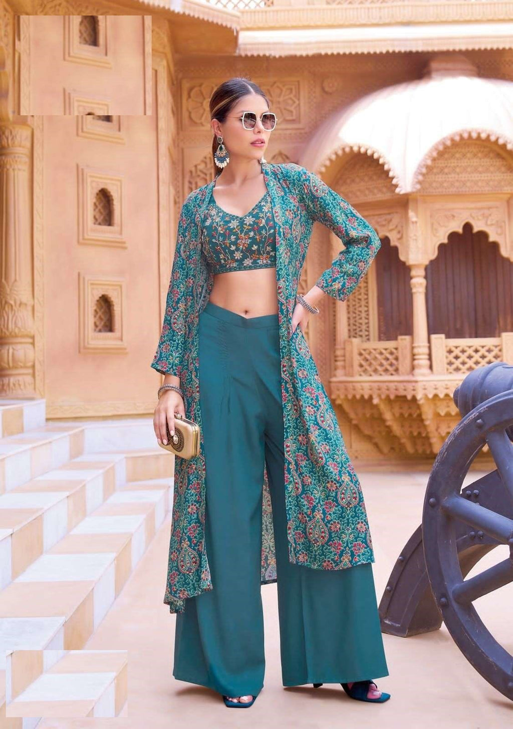Wedding Collection Roman Silk Indo-Western Crop Top, Pant & Printed Shrug Set 8001
